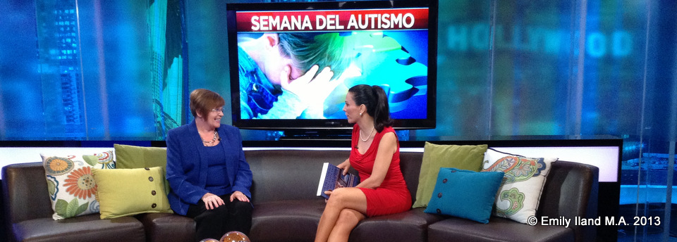 Emily and Univision TV host Gabriela Tessier on the set of the TV show